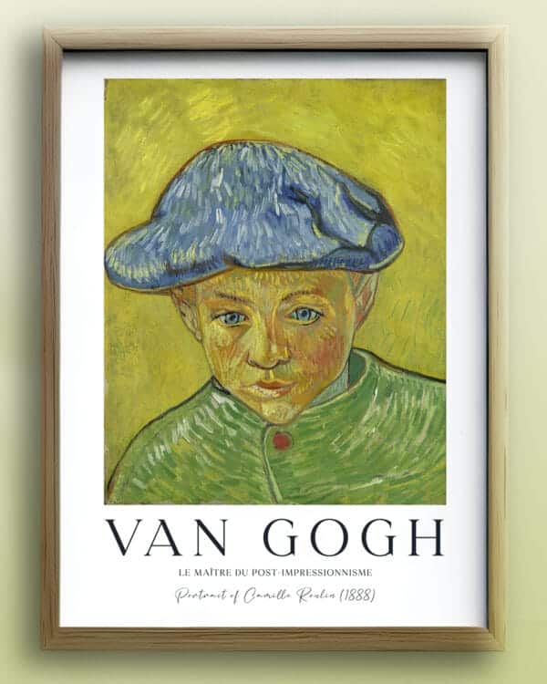 A striking portrait painting featuring a young boy with dark hair and a serious expression. The boy, Camille Roulin, is depicted against a neutral background, with textured brushstrokes adding depth and dimension to the van gogh print