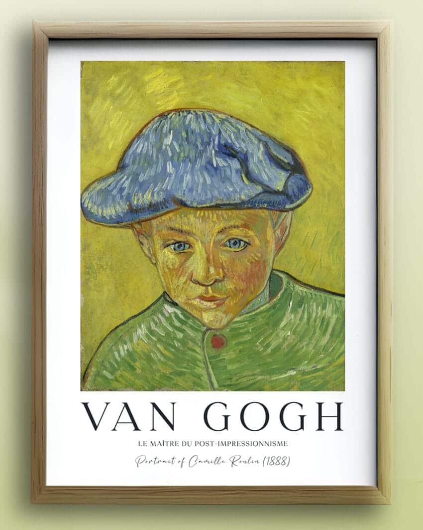 A striking portrait painting featuring a young boy with dark hair and a serious expression. The boy, Camille Roulin, is depicted against a neutral background, with textured brushstrokes adding depth and dimension to the van gogh print