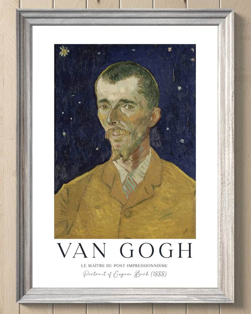 Boch is depicted in a contemplative pose, with vibrant colors and bold brushstrokes highlighting his features and artistic spirit in this van gogh print