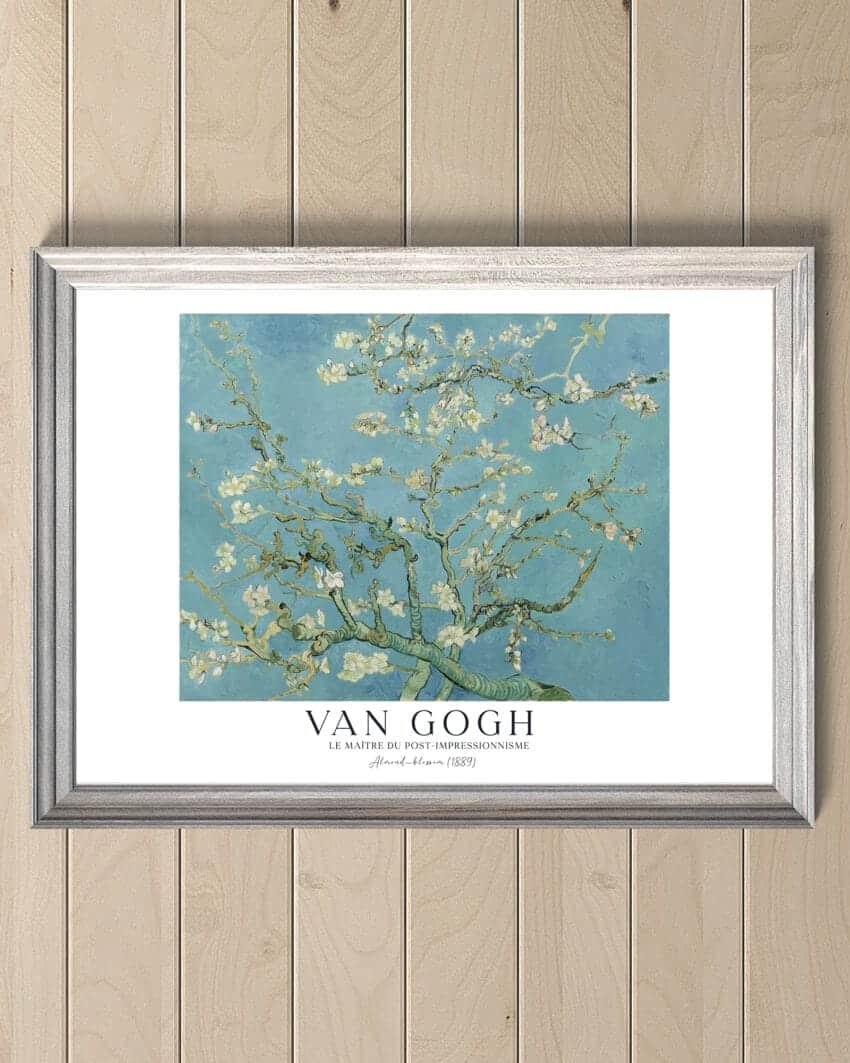 A van gogh print of a vibrant painting depicting blossoming almond trees against a bright blue sky. Van Gogh's bold brushstrokes and vivid colors capture the energy and beauty of spring.