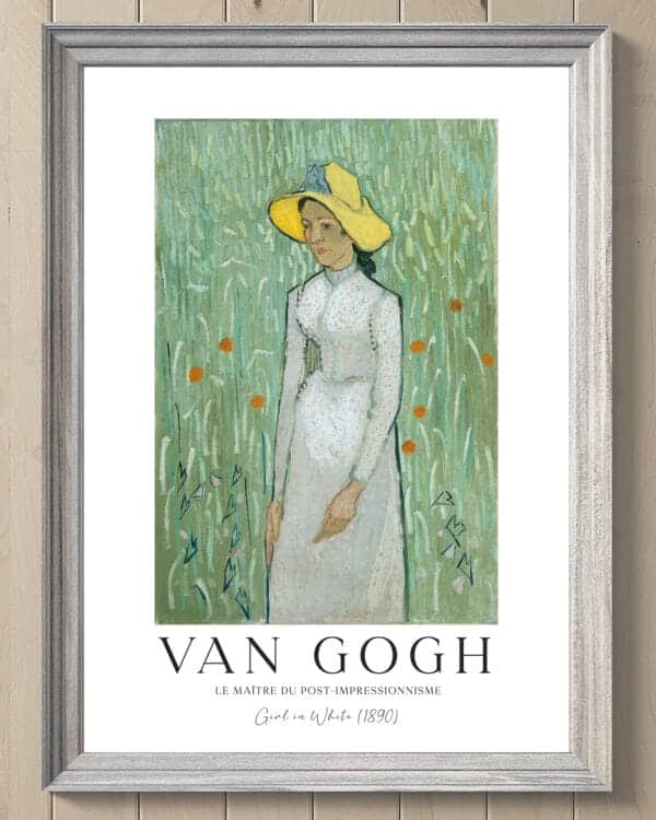 "Girl in White" by Vincent van Gogh as a print. A portrait painting depicting a young woman wearing a white dress, painted in 1890 during van Gogh's time in Auvers-sur-Oise, France. The subject has a serene expression and delicate features, inviting contemplation. The background is muted, allowing the focus to remain on the subject.