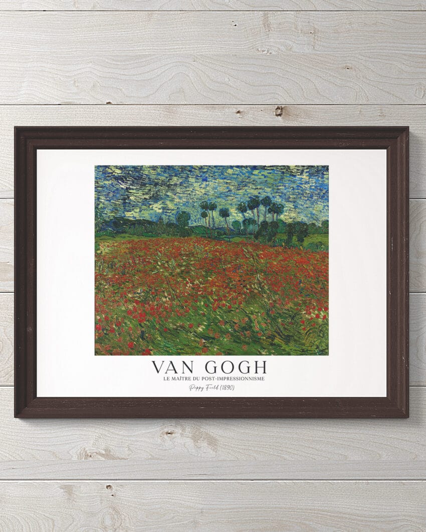 Van Gogh print featuring A vibrant landscape painting depicting a vast field filled with red poppies under a bright blue sky. The bold brushstrokes and vivid colors create a sense of movement and vitality in the scene, capturing the essence of nature's beauty.