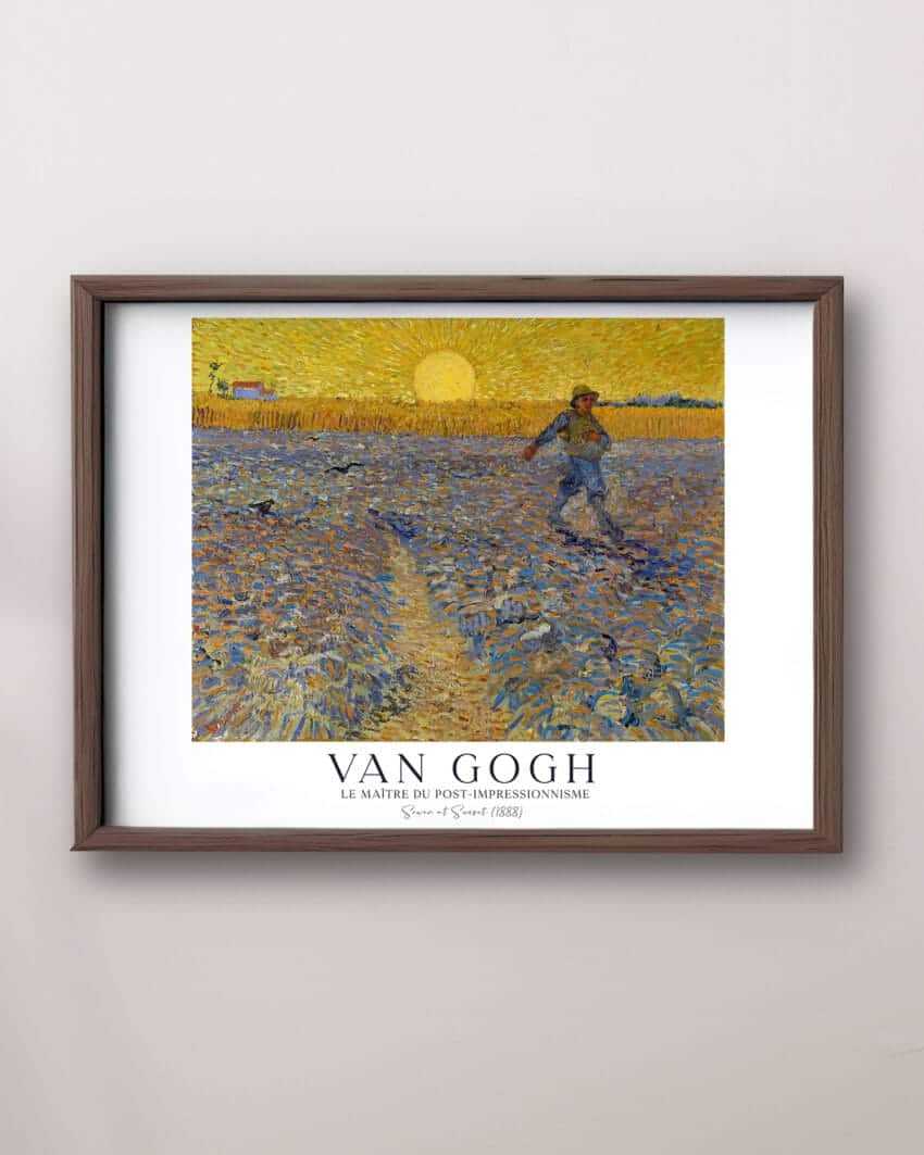 Picture of a sower at sunset slowly throwing seed in the ground, a van gogh print