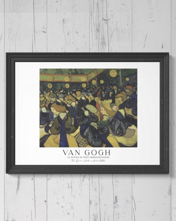 A Vinceent Van Gogh print featuring A lively scene set in a bustling hall, where vibrant hues of red, blue, and yellow mingle as dancers move gracefully across the floor. Bold brushstrokes and vivid colors capture the dynamic energy of the moment, evoking the joyous atmosphere of the festivities