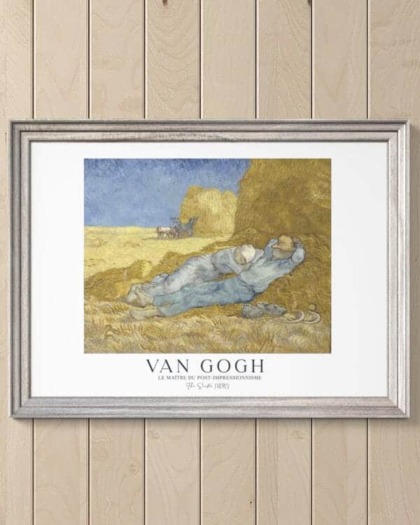 The Siesta Van Gogh Print features group of figures rests in a sun-drenched countryside scene. Warm sunlight casts gentle shadows on the figures and the landscape, evoking a sense of tranquility and relaxation. Rich textures and bold colors capture the essence of van Gogh's distinctive style, inviting the viewer to immerse themselves in the peaceful ambiance of rural life.