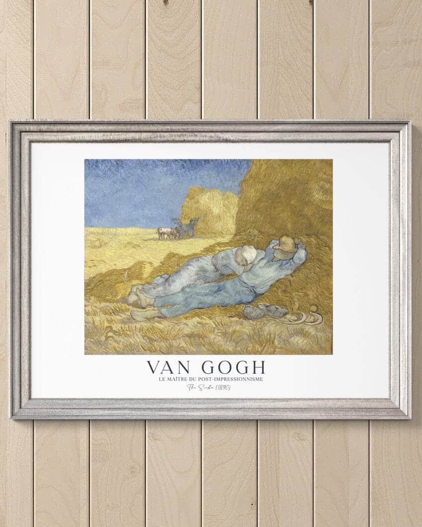 The Siesta Van Gogh Print features group of figures rests in a sun-drenched countryside scene. Warm sunlight casts gentle shadows on the figures and the landscape, evoking a sense of tranquility and relaxation. Rich textures and bold colors capture the essence of van Gogh's distinctive style, inviting the viewer to immerse themselves in the peaceful ambiance of rural life.