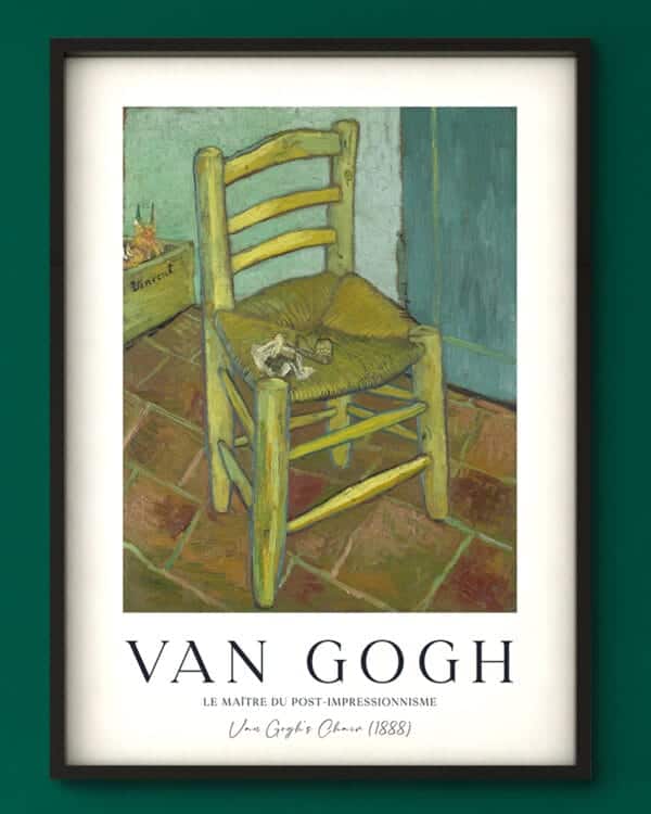 Van Gogh's Chair Print " print featuring a wooden chair with a straw seat against a backdrop of blue walls and floor. The painting captures the simplicity and charm of everyday life with gentle brushstrokes and harmonious colors. Perfect for adding warmth and character to any space.