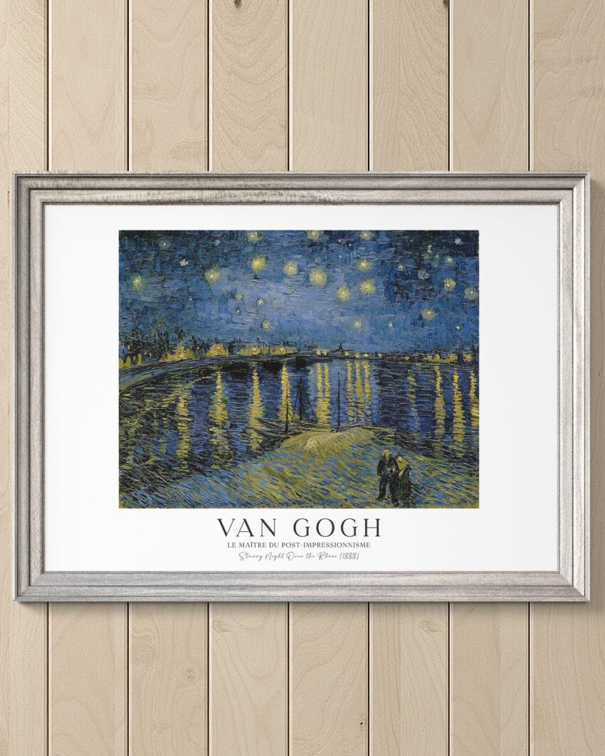 A van gogh print of starry night featuring a swirling, dream-like night sky filled with bright stars and nebulous clouds dominates the canvas, with hues of deep blue and vibrant yellow. Below, a calm river reflects the celestial spectacle, bordered by dark silhouettes of trees. In the foreground, figures stroll along the riverbank, their forms illuminated by the ethereal glow of the night. The scene exudes a sense of tranquility and wonder, inviting viewers to immerse themselves in the beauty of the nocturnal landscape.