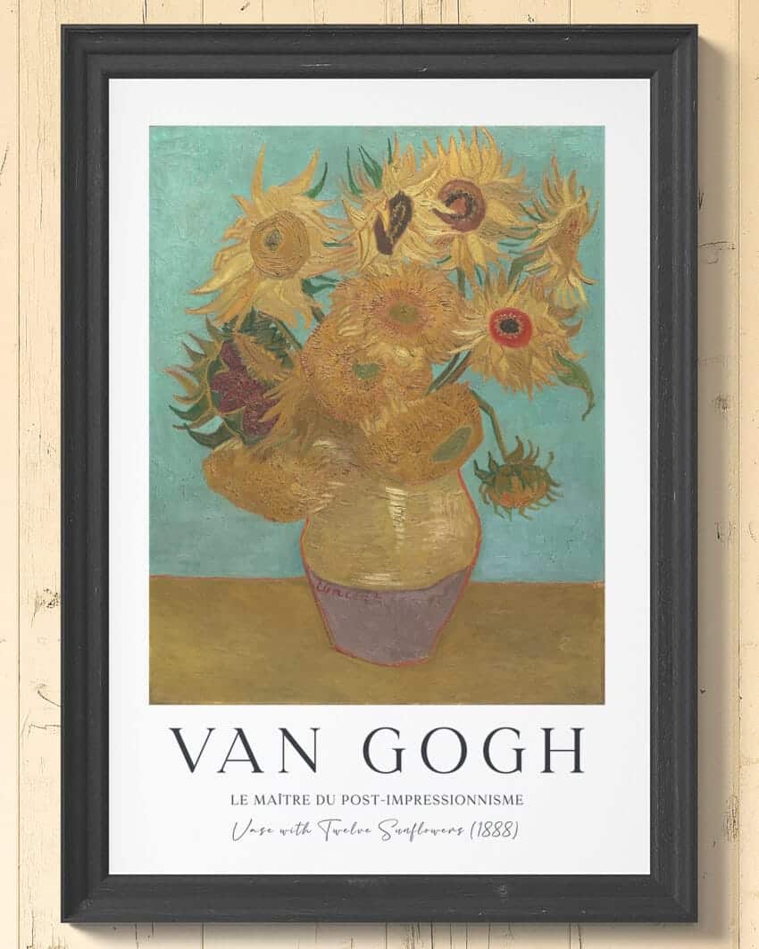 A painting of a vase holding twelve bright sunflowers set against a yellow background. The sunflowers have big yellow petals and dark brown centers. The vase is blue and green with touches of orange and red. It looks lively and colorful.